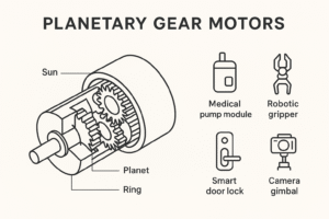 Home 17 Labeled diagram of a compact planetary gear motor beside real product examples