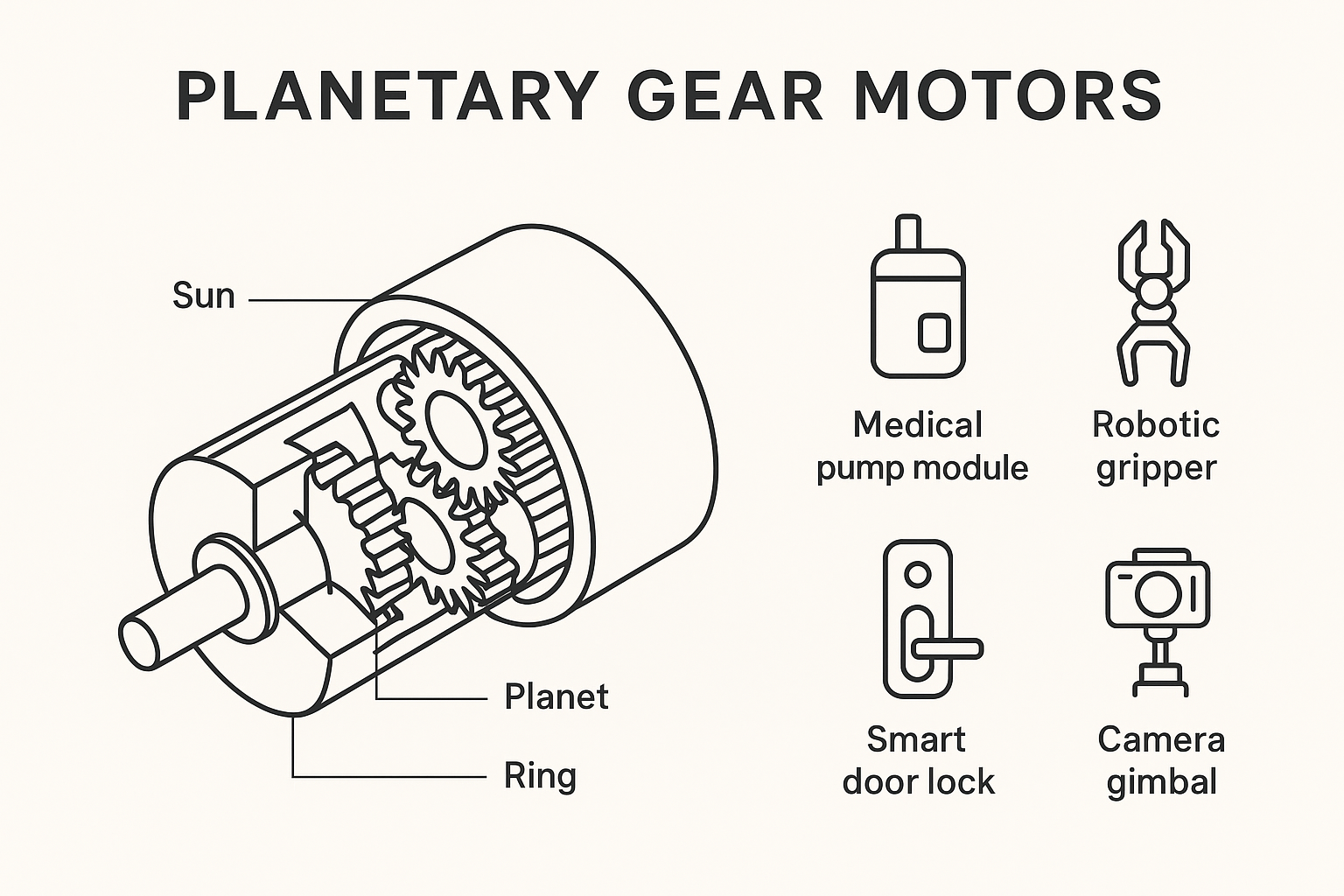 Underused power of planetary gear motors in real products 1 Labeled diagram of a compact planetary gear motor beside real product examples