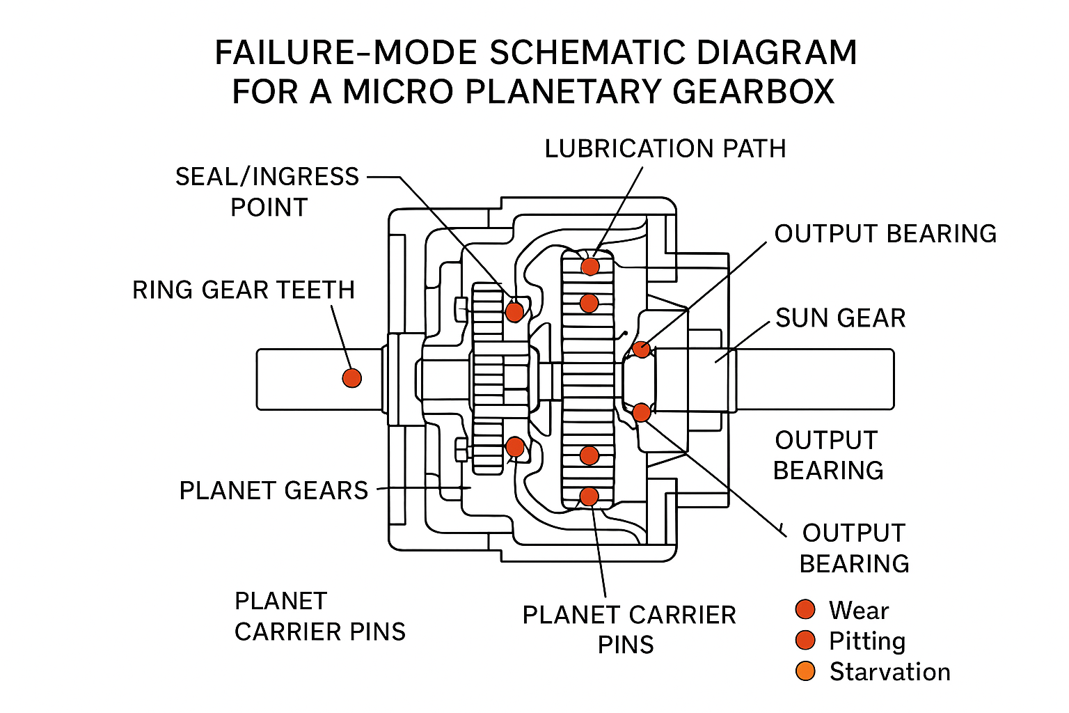 Underused power of planetary gear motors in real products 3 Failure-mode schematic highlighting planet bearings, sun/ring teeth, and lubrication paths in a micro planetary gearbox