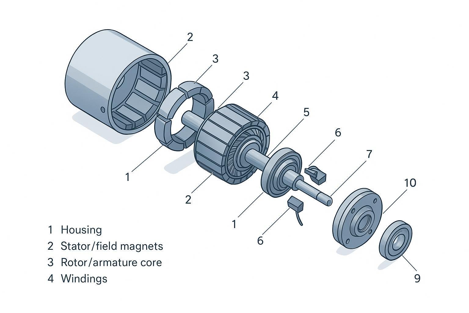 DC Motor Parts and Functions: Components of Brushed DC & BLDC Motors 2 Isometric exploded diagram of brushed DC motor parts with numbered callouts