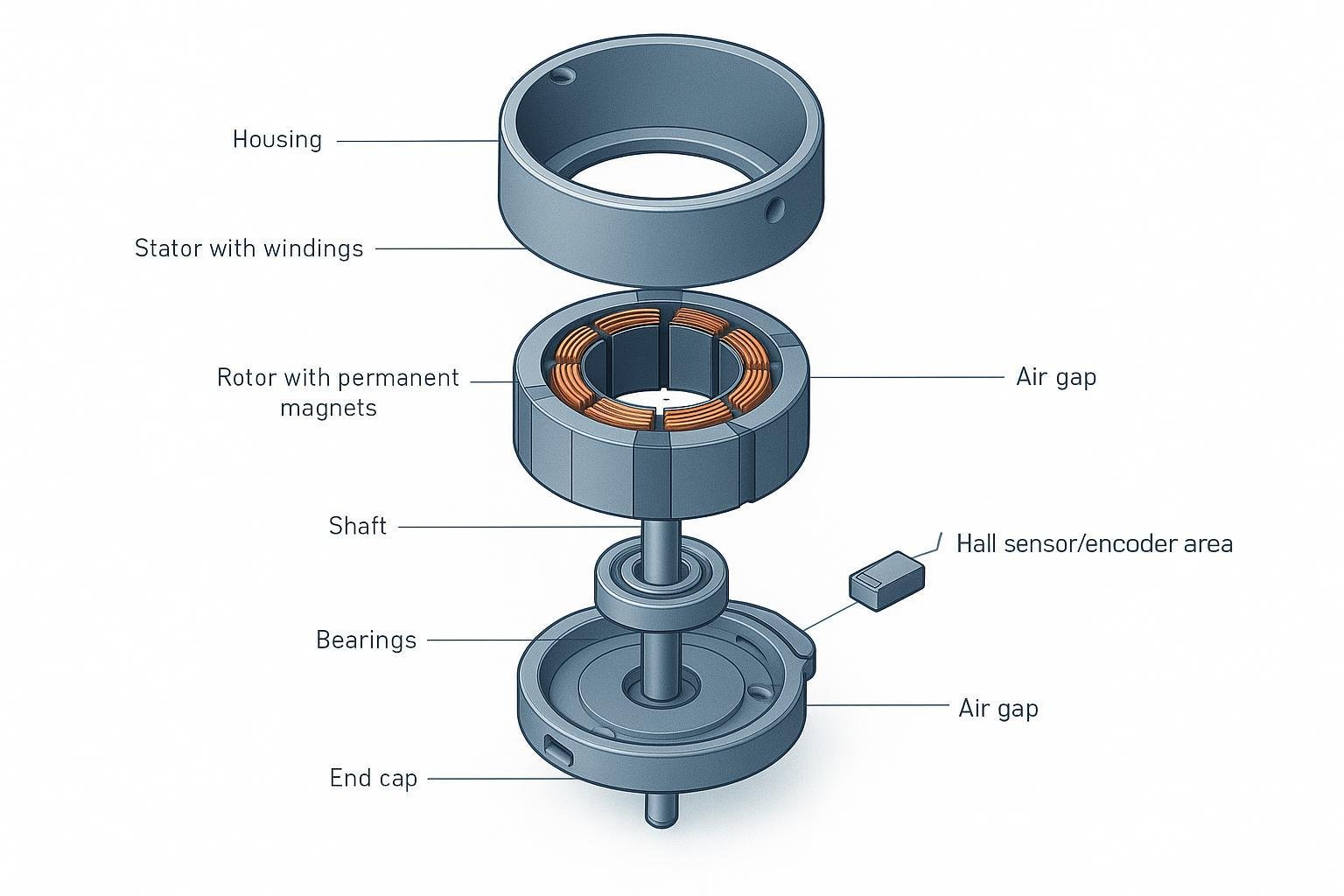 DC Motor Parts and Functions: Components of Brushed DC & BLDC Motors 3 Isometric exploded diagram of BLDC motor components with numbered callouts