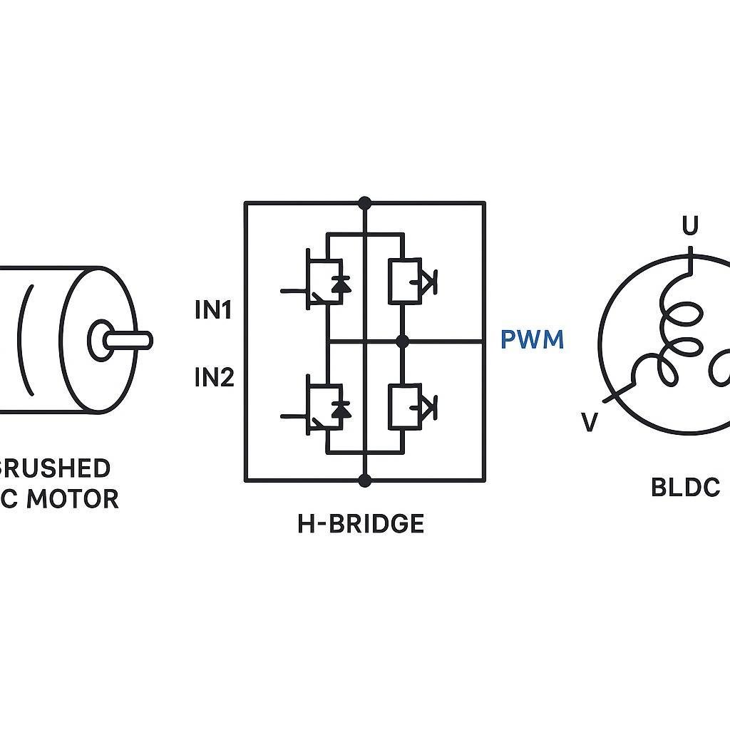 Schematic collage of brushed DC, H-bridge, and BLDC wiring