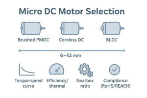 Cover infographic summarizing micro DC motor types, sizes, and key selection factors for OEM engineers.