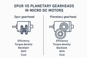 Cover infographic comparing spur vs planetary gearheads in micro DC motors