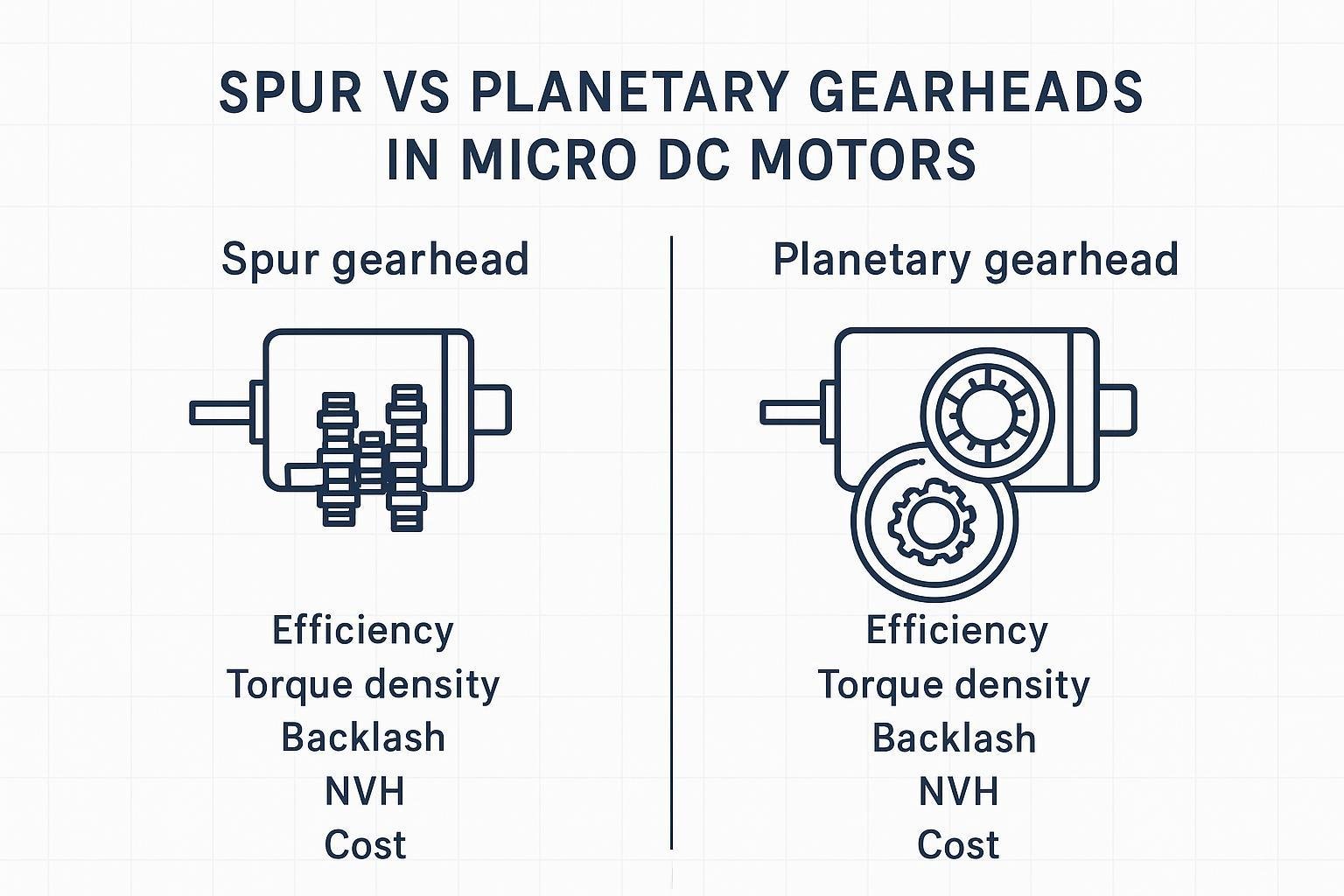 Cover infographic comparing spur vs planetary gearheads in micro DC motors
