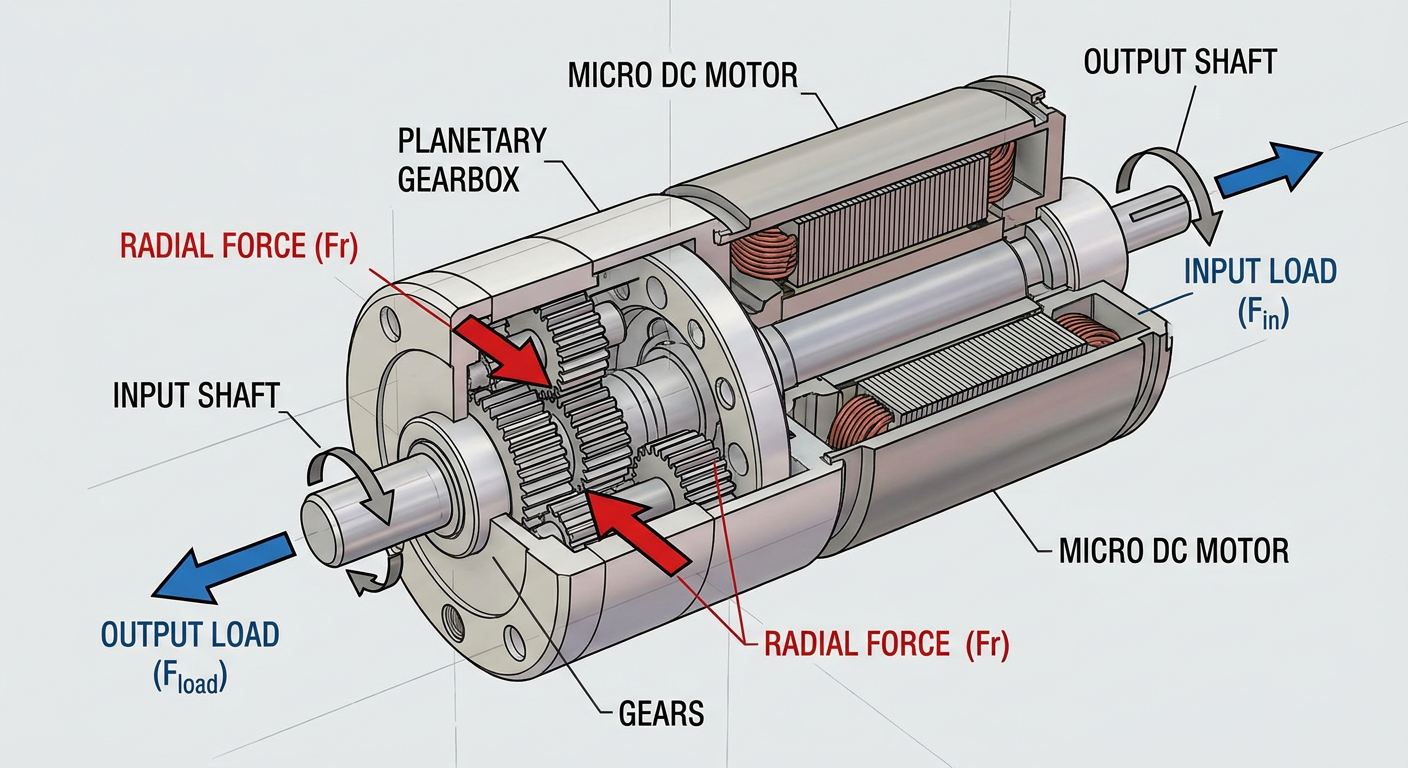 A cutaway illustration of a micro DC gear motor showing input and output shafts with radial force vectors labeled on gear meshes