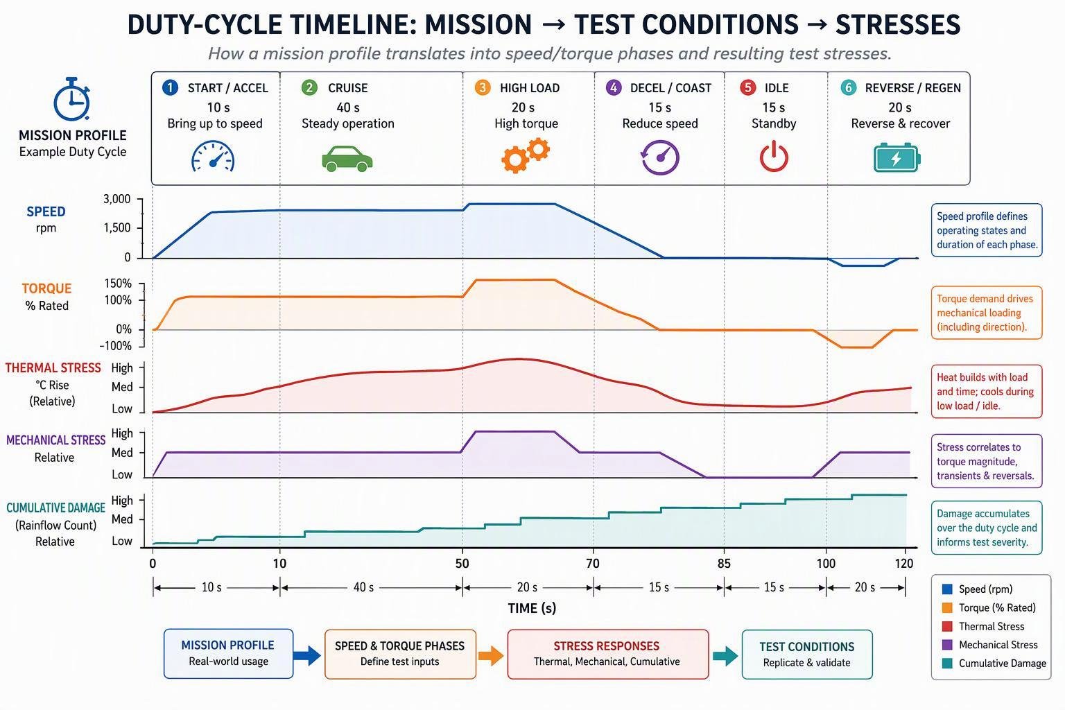 A duty-cycle timeline showing speed/torque phases and stress overlays