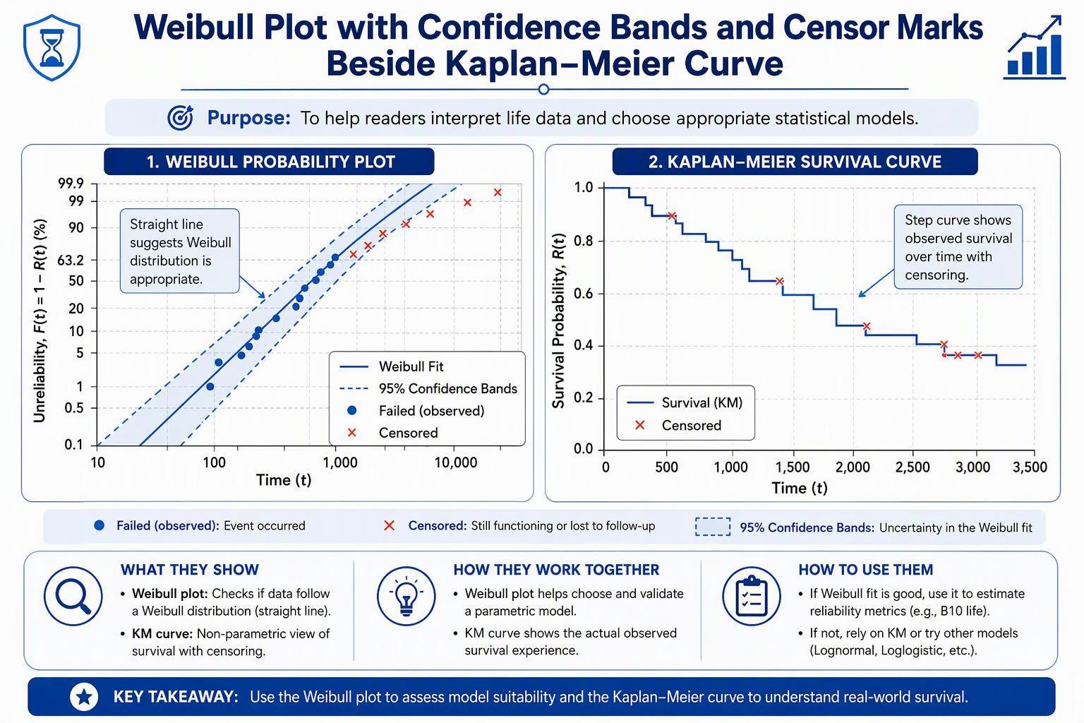 A Weibull plot with confidence bands and censor marks beside Kaplan–Meier curve