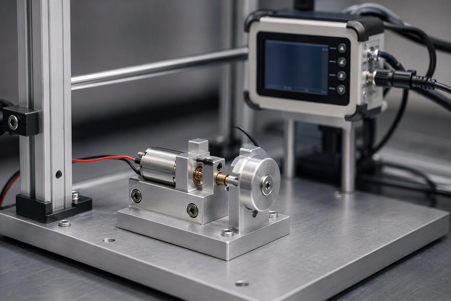 N20 geared DC motor mounted in a test fixture on an industrial life-test bench
